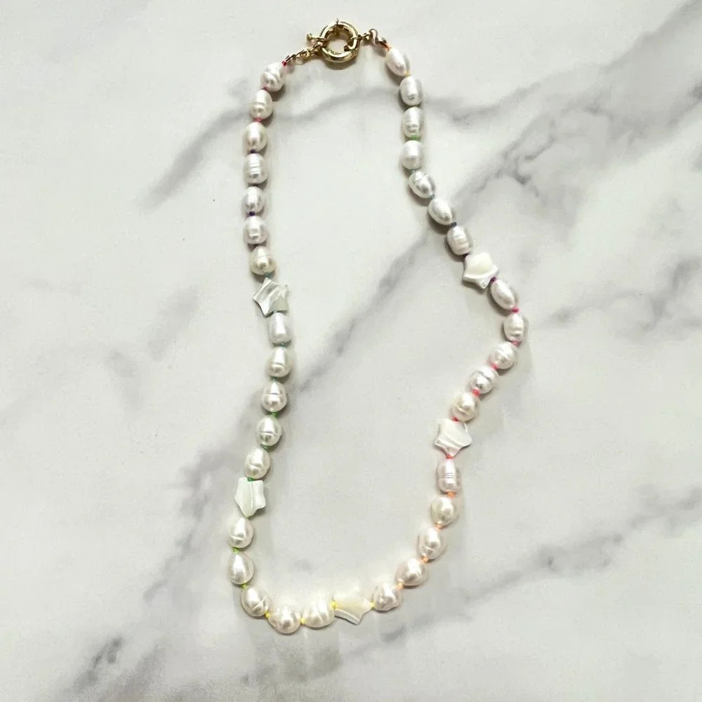 Baroque Freshwater Pearl Hand-knotted Necklace, Rainbow Silk, Gold Fille… - Picture 8 of 10